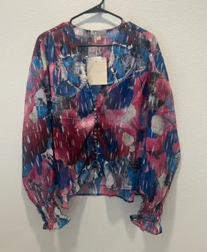 Sheer Printed Button-Front Blouse - Pink & Blue by Adrienne Landau Size L thumbnail 1