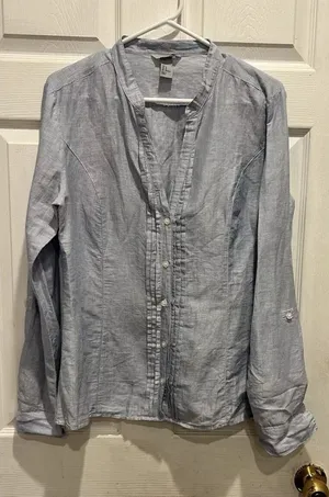H&M Women Blue White Striped Linen‎ Cotton Button Down Roll Tab Shirt Size 14 thumbnail 1