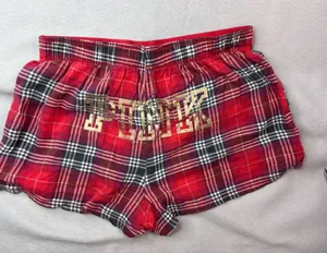 PINK Victoria's Secret XS Spellout Red Plaid Boxer Lounge Shorts with Gold Logo thumbnail 1