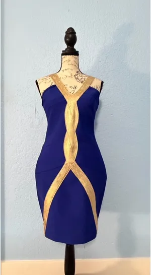 👑 VENUS Royal Blue & Gold Bandage Bodycon Mini Dress | Size S 💙✨ thumbnail 3