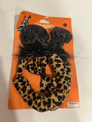 Cheetah Leopard Cat Ears Black Brown Tail Bow Halloween Costume Set Pack thumbnail 1