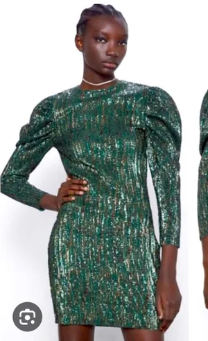 ZARA Sequin Puff Long Sleeve Special Limited Edition Emerald Green &‎ Gold Dress thumbnail 1