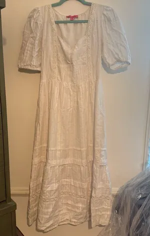 Betsey Johnson White Eyelet Midi Dress with Puff Sleeves thumbnail 1