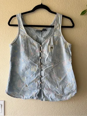 Vintage 90s Floral Cotton Button Down Vest/Top Blue Size M thumbnail 2