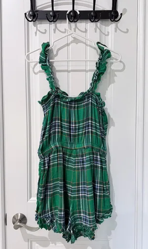 Aerie Green Plaid Flannel Ruffle Romper thumbnail 4