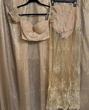 BLITHE Skirt Shorts Top Set Nude‎ Sparkly Gold Glittery Mesh Girly Outfit XS/S thumbnail 1