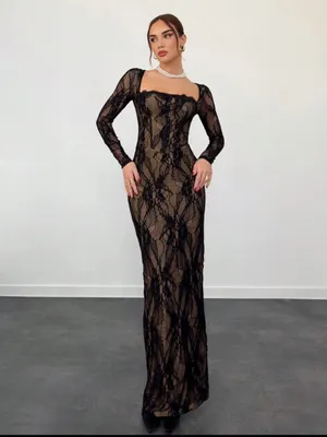 SHEIN Black Lace Maxi Dress with Long Sleeves thumbnail 4