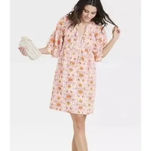 Universal Thread orange pink bohemian floral puff sleeve dress xs thumbnail 12
