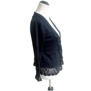 Joseph A. Vintage Knitted Cardigan Size Small Black Crochet Tie Front Whimsygoth thumbnail 3