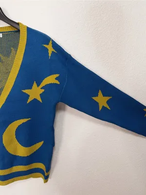 Miss Sparkling Blue Celestial Sun Moon Star Button Front Knit Cardigan thumbnail 4