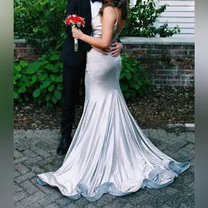 Jovani Silver/Goldish Dress with long, beautiful train thumbnail 4