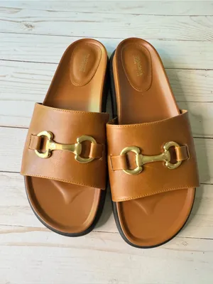Sonoma Cognac Slide Sandals with Gold Chain Detail Low Heel Size 10 New With Tag thumbnail 2