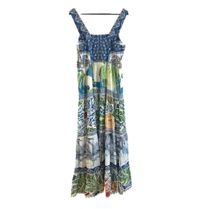Farm Rio Blue Valeria Maxi Dress Women Large Multi Tropical Boho Tiered Lace thumbnail 5