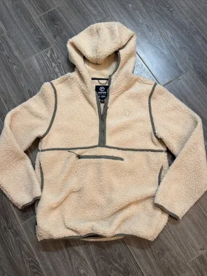 Womens Vapor apparel Cream Sherpa Fleece Hoodie olive piping size small EUC thumbnail 1