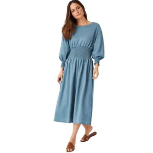 NWOT Ann Taylor Smocked Waist Flare Midi Dress Large Teal Casual Minimalist Work thumbnail 8