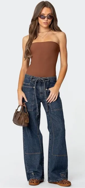 New EDIKTED Funky Stitch Low Rise Jeans dark denim size medium thumbnail 1