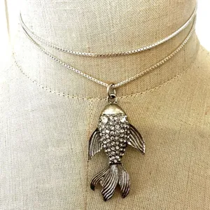 Vintage silver tone fish rhinestone pendant necklace thumbnail 2