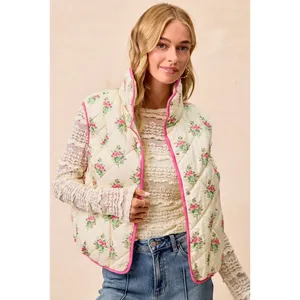 BiBi Floral Print Piping Detail Quilted Vest - Cream/Pink - Large thumbnail 8