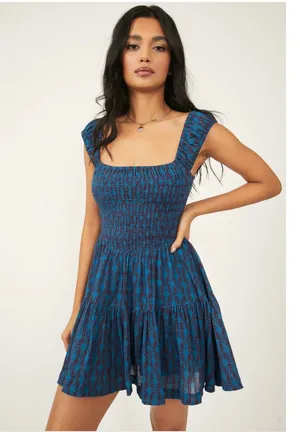 Free People Sweet Annie Mini Dress Blue Print Smocked Tiered Square Neck Womens thumbnail 1