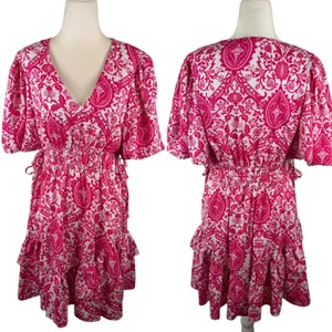 Entro Pink Damask Print V-Neck Smocked Mini Dress Small Vibrant Festival Girly thumbnail 2