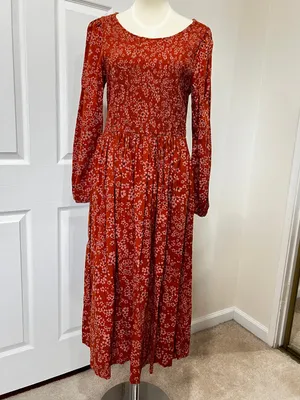 Susina Floral Smocked Bodice & Tiered Midi Dress Orange Burnt Orange Size Large thumbnail 2