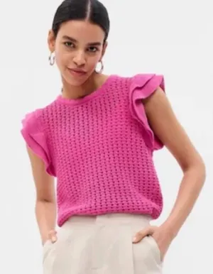 Gap Womens Pink Crochet Knit Ruffle Sleeve Sweater Top Size Medium Boho thumbnail 1