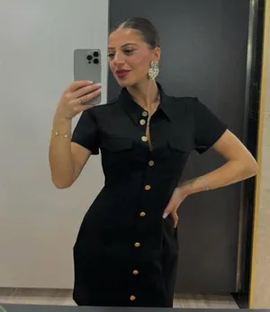 Zara dress Elegant Black Button-Down collared business office casual Dress thumbnail 4