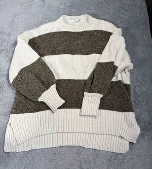 Altar’d state Chunky Striped Knit Sweater in Cream and Olive XS thumbnail 1