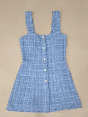 New Zara Sky Blue Tweed Dress With Crystal Buttons Size S thumbnail 3