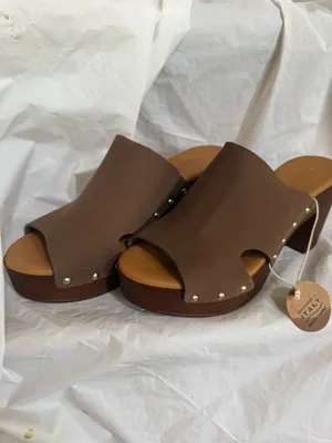 Brown Leather Platform Slide Mules with Gold Stud Accents Size 9 thumbnail 2
