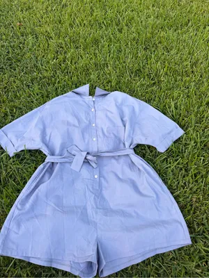 Blue Linen Blend Belted Button Front Romper Oversized Small thumbnail 2