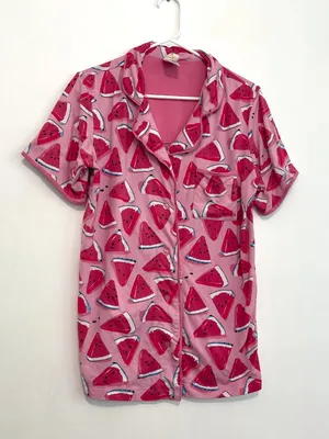 MUNKI MUNKI Pink White Blue Watermelon Fruit Print Short Sleeve Pajama SHIRT PJs thumbnail 4