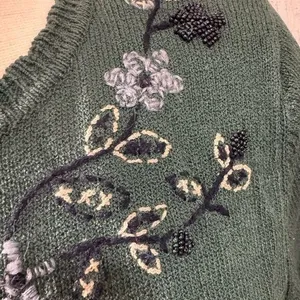 Vintage Beaded Floral Knit Sweater Green Embroidered‎ Pullover small thumbnail 5