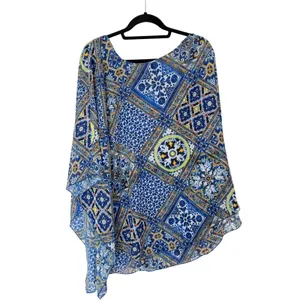 Show Me Your Mumu Tunic Top Large Blue Yellow Tile Print Flutter Sleeve‎ Sheer L thumbnail 3