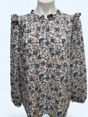 LOFT Cream Floral Ruffle-Neck Long Sleeve Blouse with Blue and Pink Accents thumbnail 1