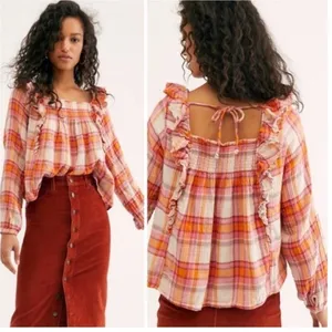 NWT Free People Sienna Plaid Ruffle Long Sleeve Blouse Women's S Prairie‎ Chic thumbnail 11