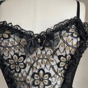 Midnight Hour 90s Vintage Dark Fairy Lace Black & Gold Bodysuit With Sheer Flouncy Tutu Size M thumbnail 3