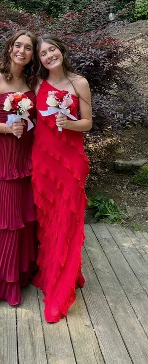 bright red maxi prom dress ruffle thumbnail 1
