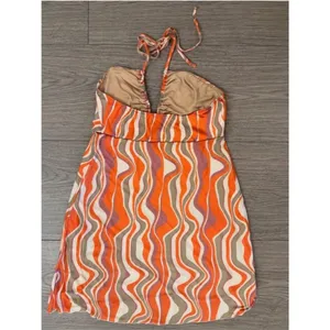 Show Me Your Mumu Outgoing Mini Dress Wavy Stripe Halter Orange Coral Retro Y2K thumbnail 3