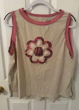 Women's Cream Tank Top with Pink Trim and Floral Applique thumbnail 1