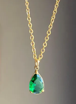 Handmade gold tone stainless steel chain & teardrop shaped green glass crystal chic vintage retro style necklace💚👼 thumbnail 2