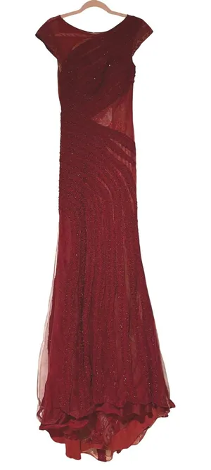 Azzure Couture Burgundy Beaded Lace Open Back Mermaid Evening Gown Dress 6 thumbnail 1