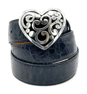 Vintage Brighton Black Croc Embossed Leather Belt Heart Scroll Buckle USA Sz 38 thumbnail 1