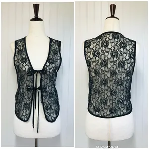 VINTAGE‎ Sheer Black Lace Tie Front Vest Top Small Goth Fairycore Grunge Y2K 90s thumbnail 2