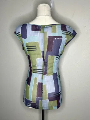 Y2K Vintage NY & Company Blue Purple Abstract Geometric Surplice Wrap Blouse thumbnail 2