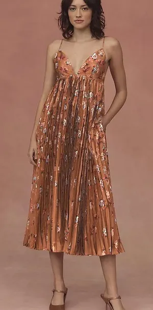 NWT Anthropologie BHLDN Maya Pleated V-Neck Midi Dress Floral XS thumbnail 1