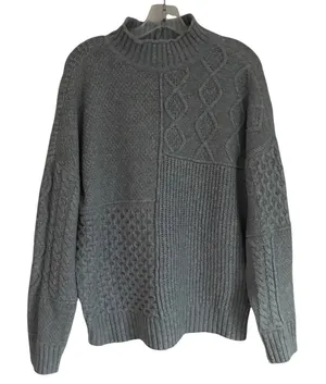 American Eagle Grey Patchwork Mixed Cable‎ Knit Mock Neck Sweater Womens Large thumbnail 1