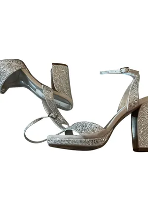 Franco Sarto women’s L-Daffy ankle strap heeled sandals metallic silver w stones thumbnail 5