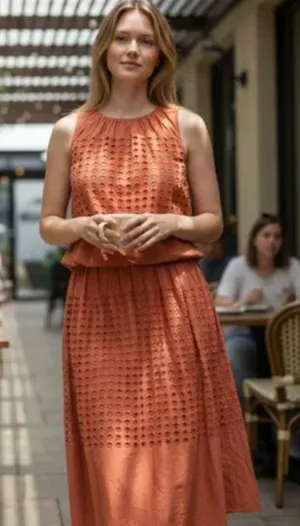 NWT $148 Jennifer & Grace 2PCS Set Eyelet Auburn Rust Terracotta Orange Large thumbnail 1