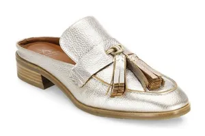 Aquatalia Size 10 Stella Metallic Tumbled Mules Platinum Women's Tonal Tassels thumbnail 1